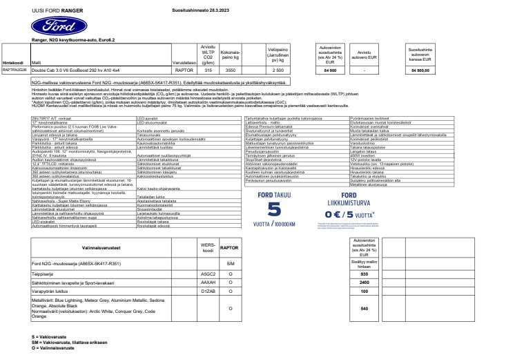 Ford Ranger Raptor N2G hinnasto 28.3.2023