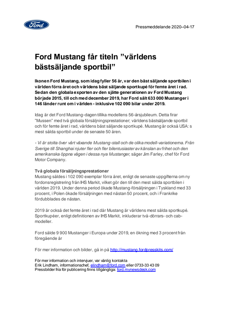 Ford Mustang får titeln ”världens bästsäljande sportbil”