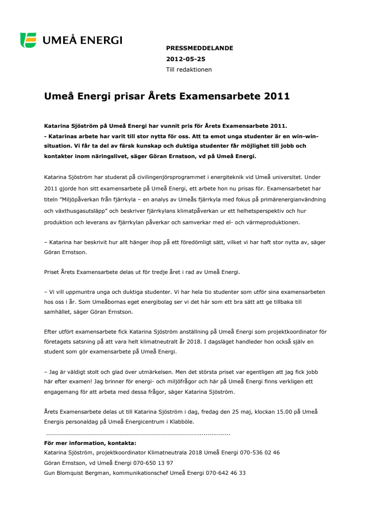 Umeå Energi prisar Årets Examensarbete 2011