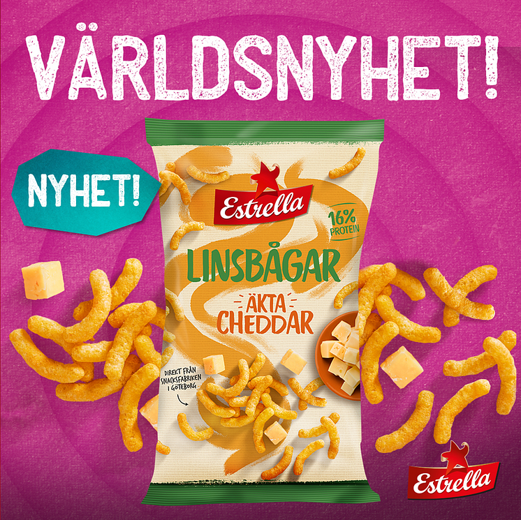 Estrella lanserar Linsbågar med äkta cheddar v 33, 2018