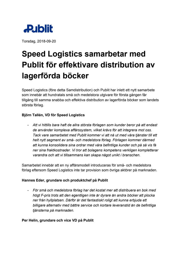 Speed Logistics samarbetar med Publit för effektivare distribution av lagerförda böcker