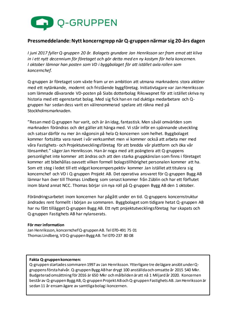 Nytt koncerngrepp när Q-gruppen närmar sig 20-års dagen