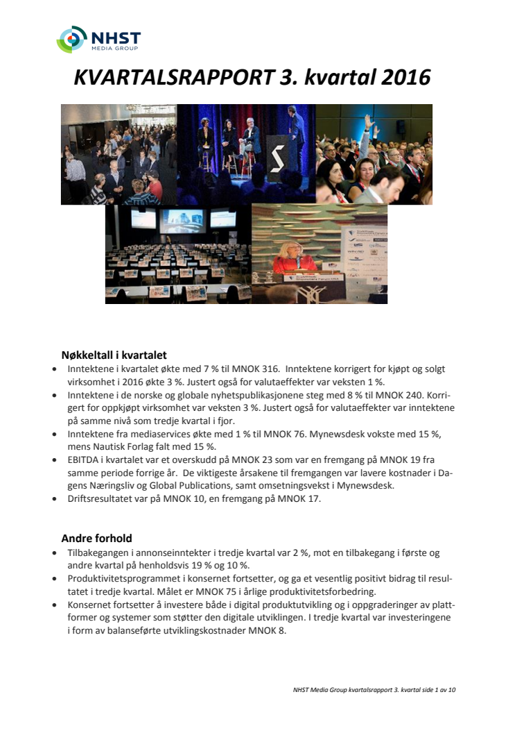 NHST Media Group - Kvartalsrapport 3. kvartal 2016