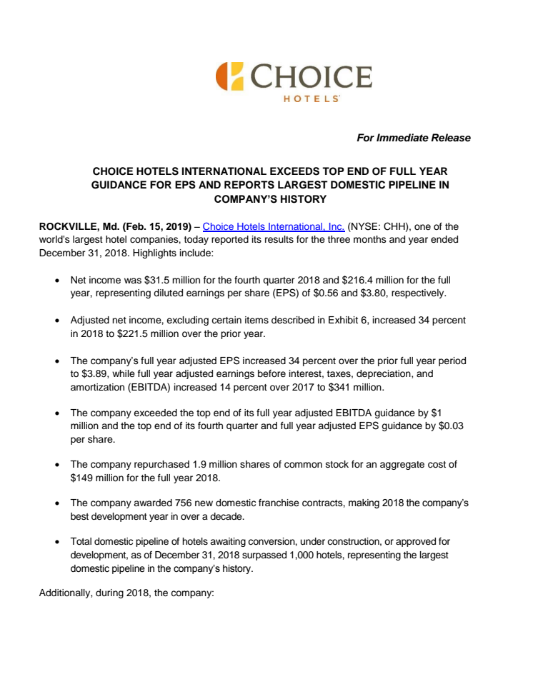 Choice Hotels International Exceeds Top End Of Full Year Guidance For EPS And Reports Largest Domestic Pipeline In Company's History