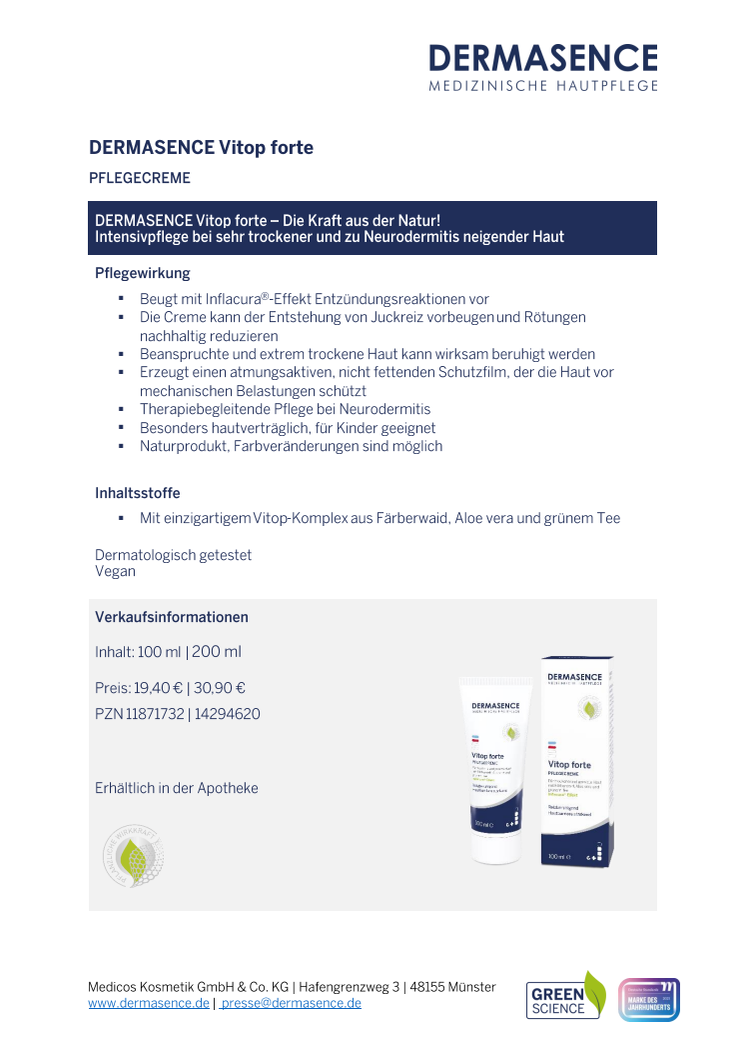 Factsheet DE: DERMASENCE Vitop forte Pflegecreme 100 ml - 200 ml