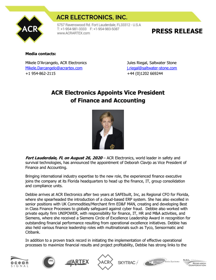 ACR Electronics Appoints Vice President of Finance and Accounting
