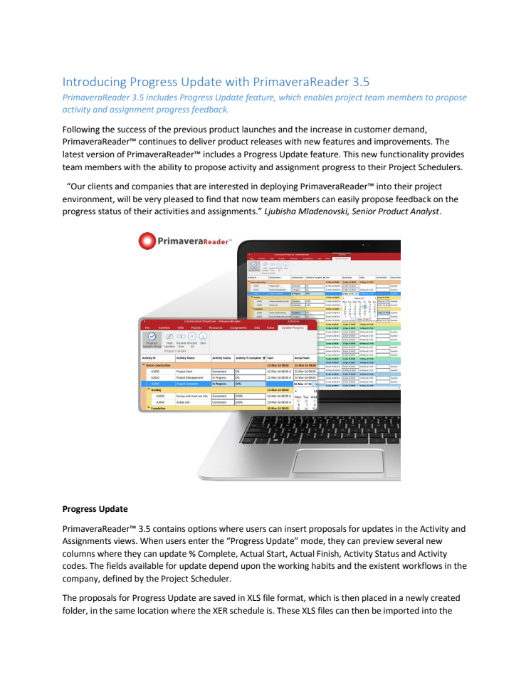 Introducing Progress Update with PrimaveraReader 3.5