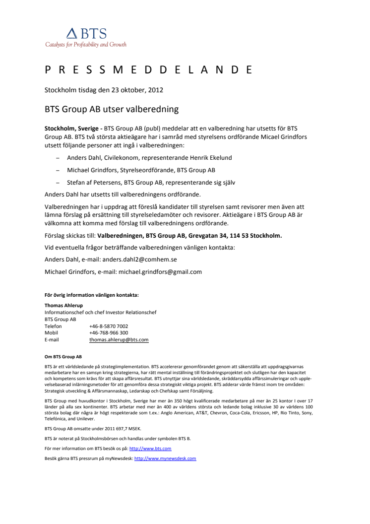 BTS Group AB utser valberedning