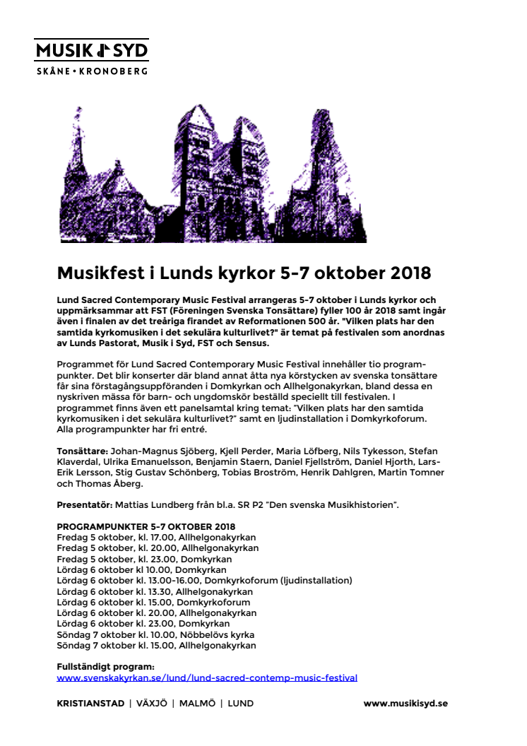 Musikfest i Lunds kyrkor 5-7 oktober