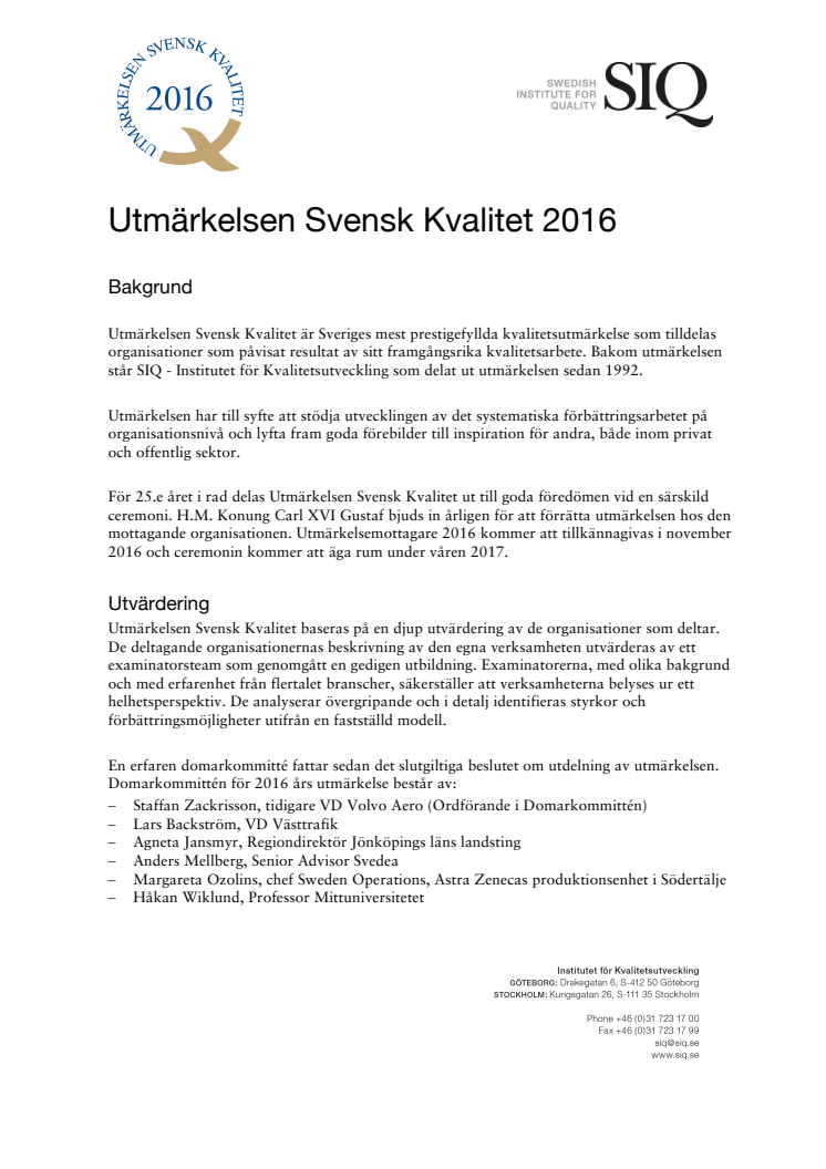 Introduktion till Utmärkelsen Svensk Kvalitet