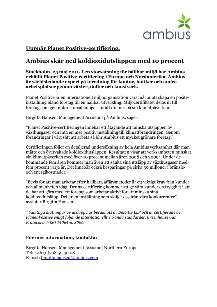 Ambius skär ned koldioxidutsläppen med 10 procent