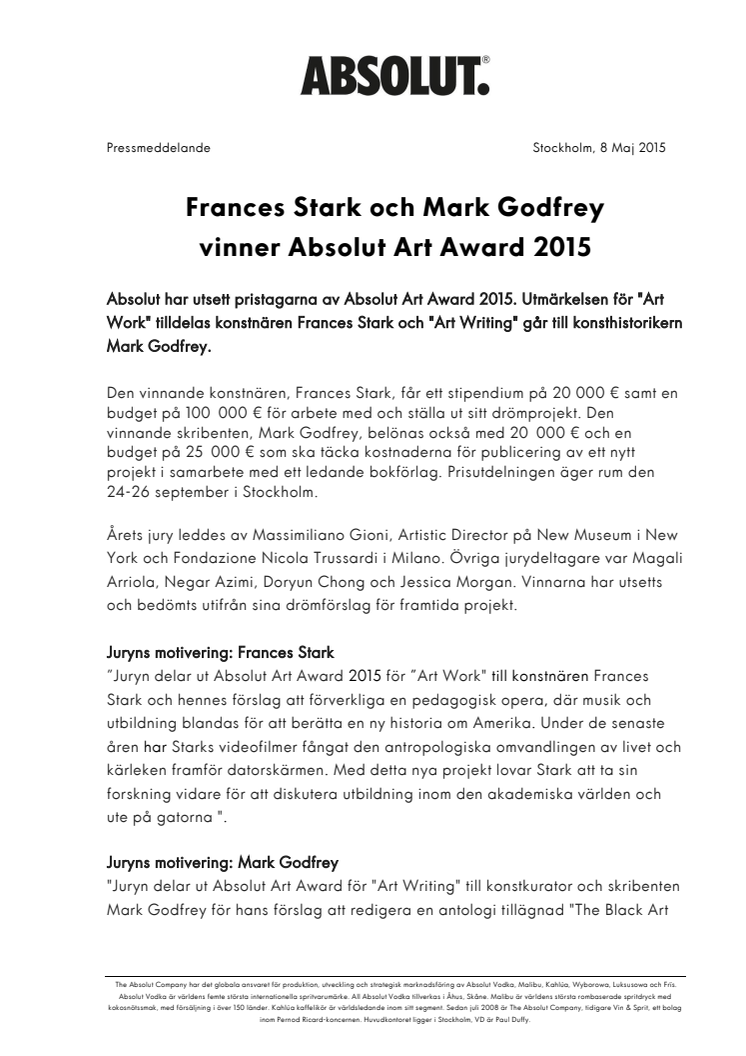 ​Frances Stark och Mark Godfrey vinner Absolut Art Award 2015