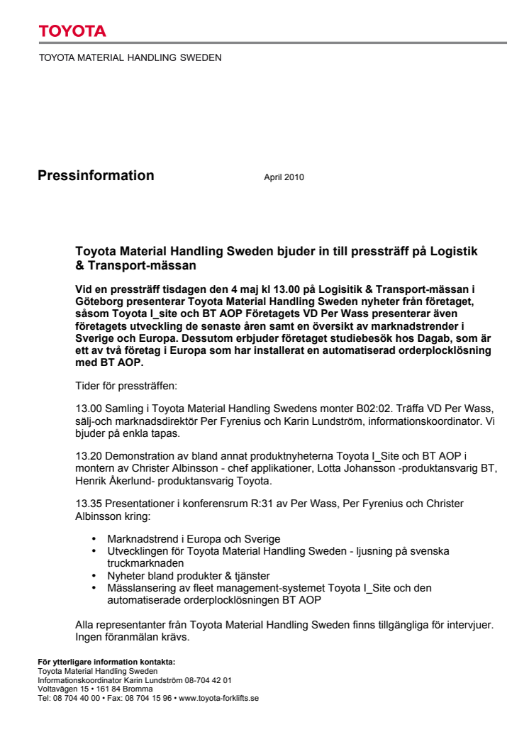 Toyota Material Handling Sweden bjuder in till pressträff på Logistik & Transport-mässan 