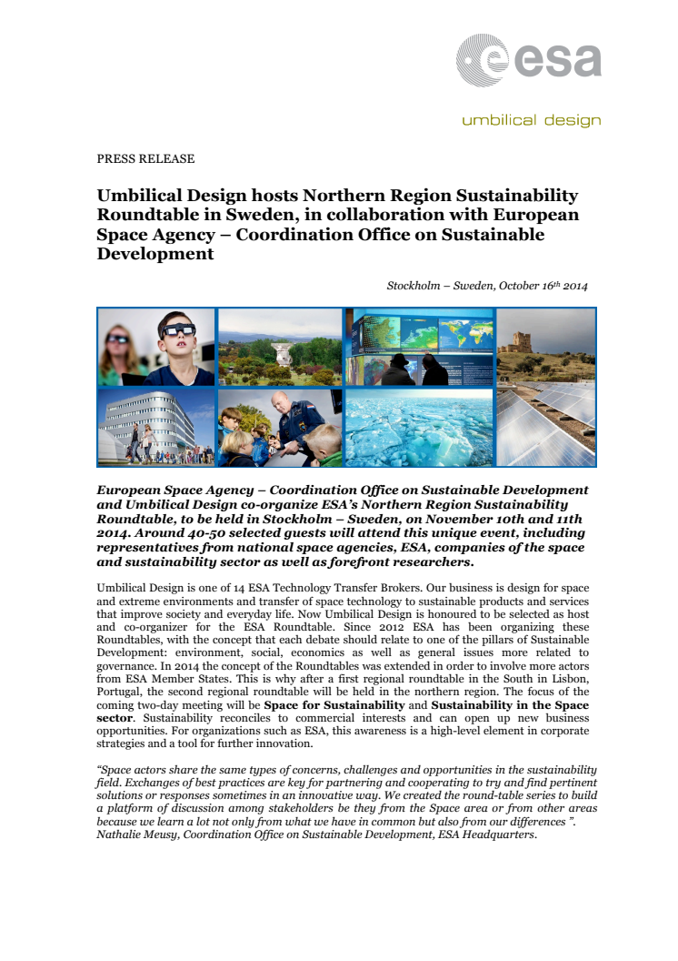 Umbilical Design är värd för "Sustainability Roundtable" i Stockholm i november i samarbete med Europeiska rymdorganisationen, ESA