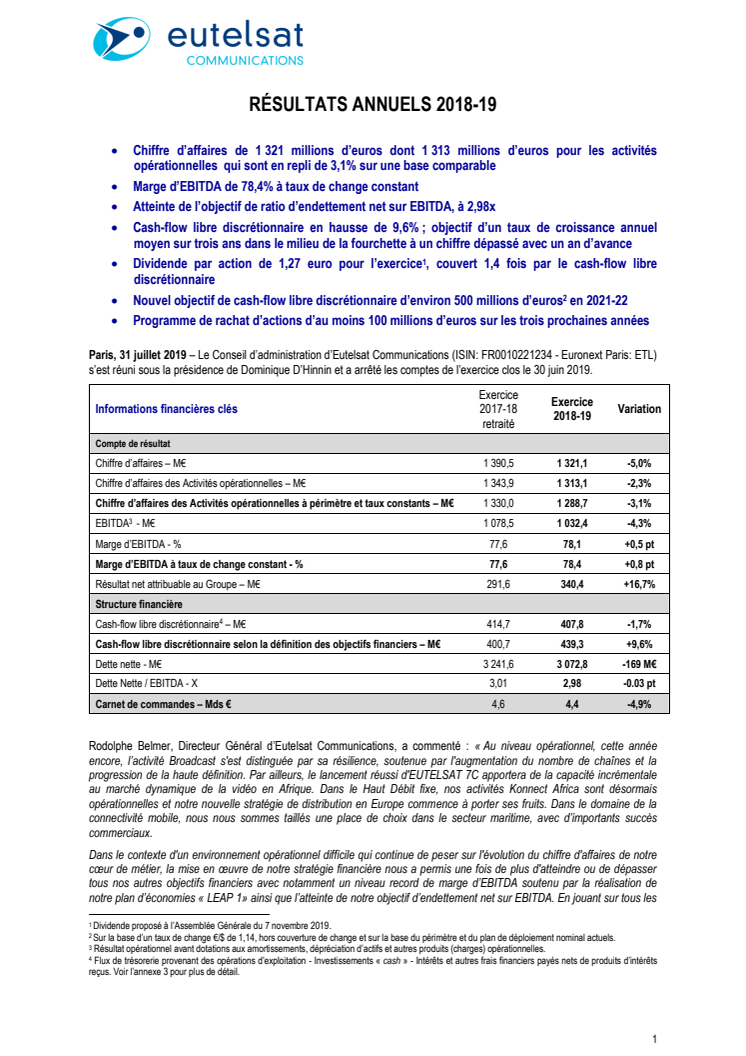 EUTELSAT COMMUNICATIONS RÉSULTATS ANNUELS 2018-19