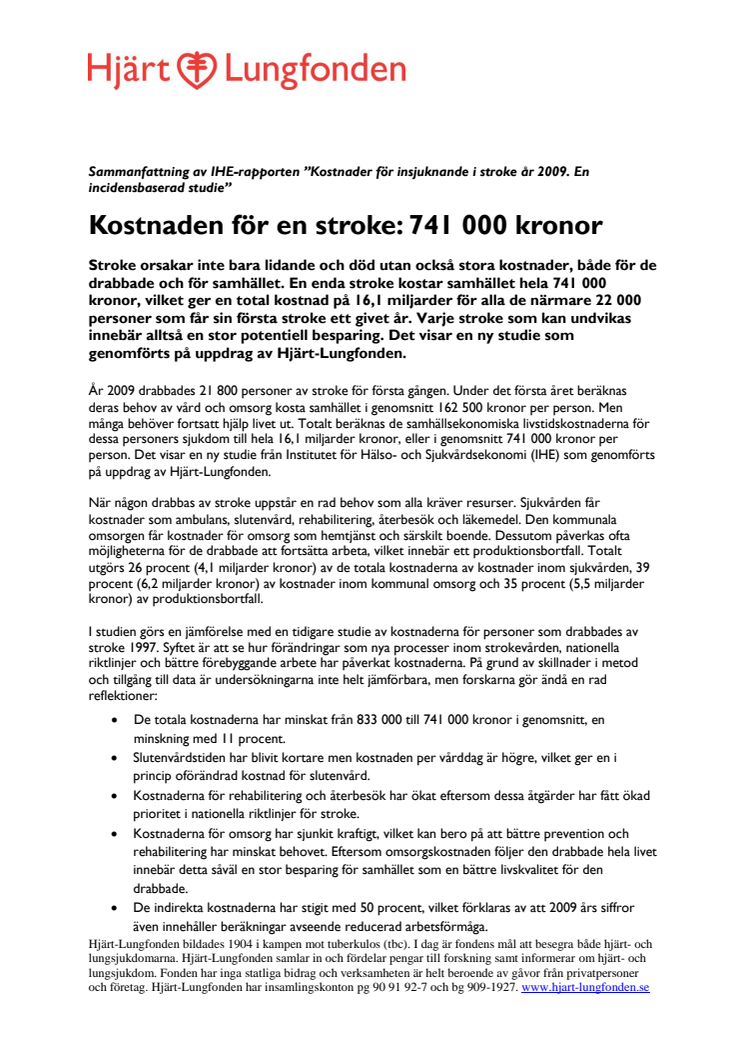 Kostnader för stroke - en sammanfattning