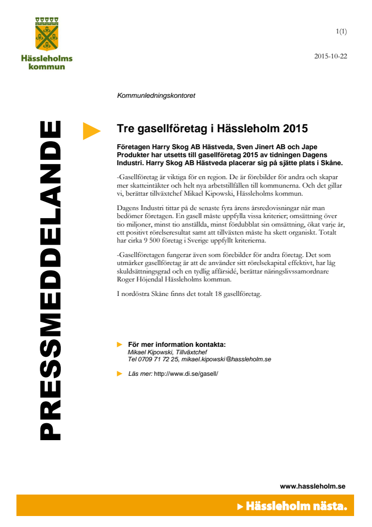 Tre gasellföretag i Hässleholm 2015