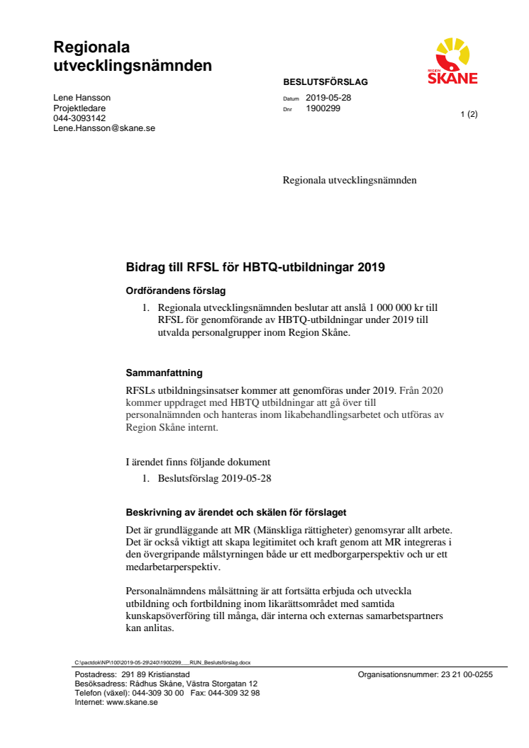 Beslutsförslag RFSL i regionala utvecklingsnämnden 190528