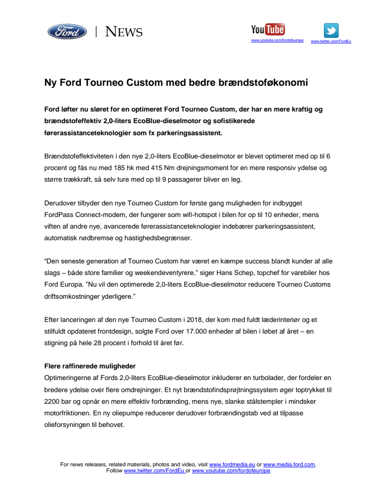 Ny Ford Tourneo Custom med bedre brændstoføkonomi