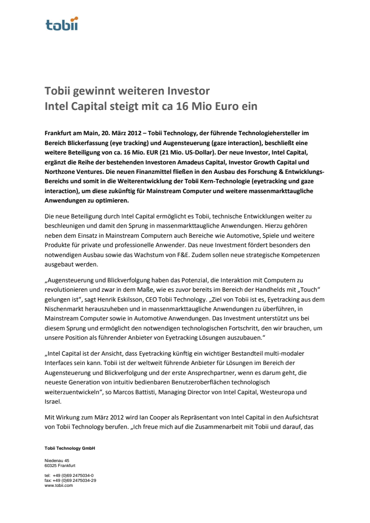 Tobii gewinnt weiteren Investor Intel Capital steigt mit ca 16 Mio Euro ein