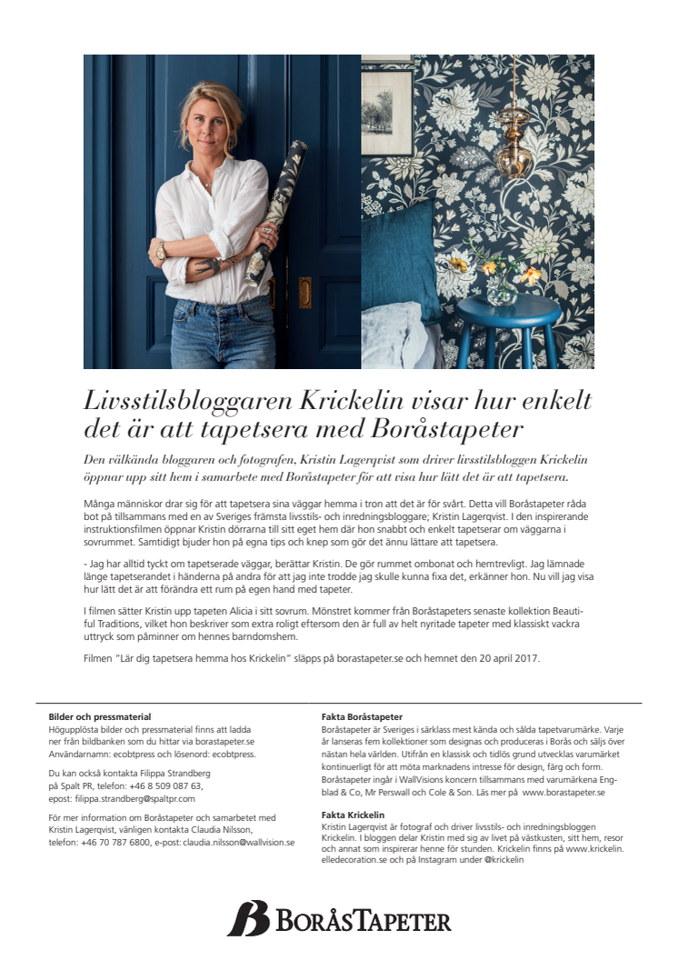 Livsstilsbloggaren Krickelin visar hur enkelt det är att tapetsera med Boråstapeter 