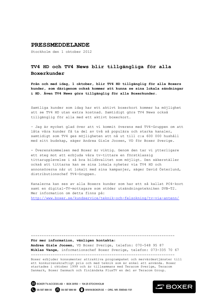 TV4 HD och TV4 News blir tillgängliga för alla Boxerkunder