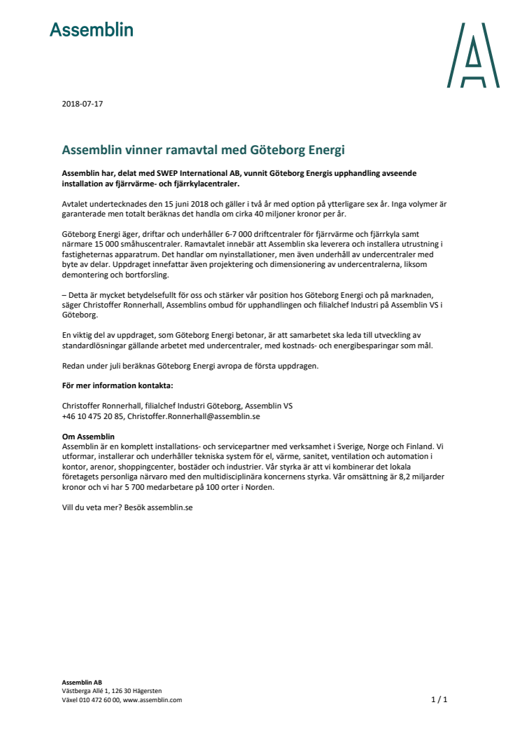 Assemblin vinner ramavtal med Göteborg Energi