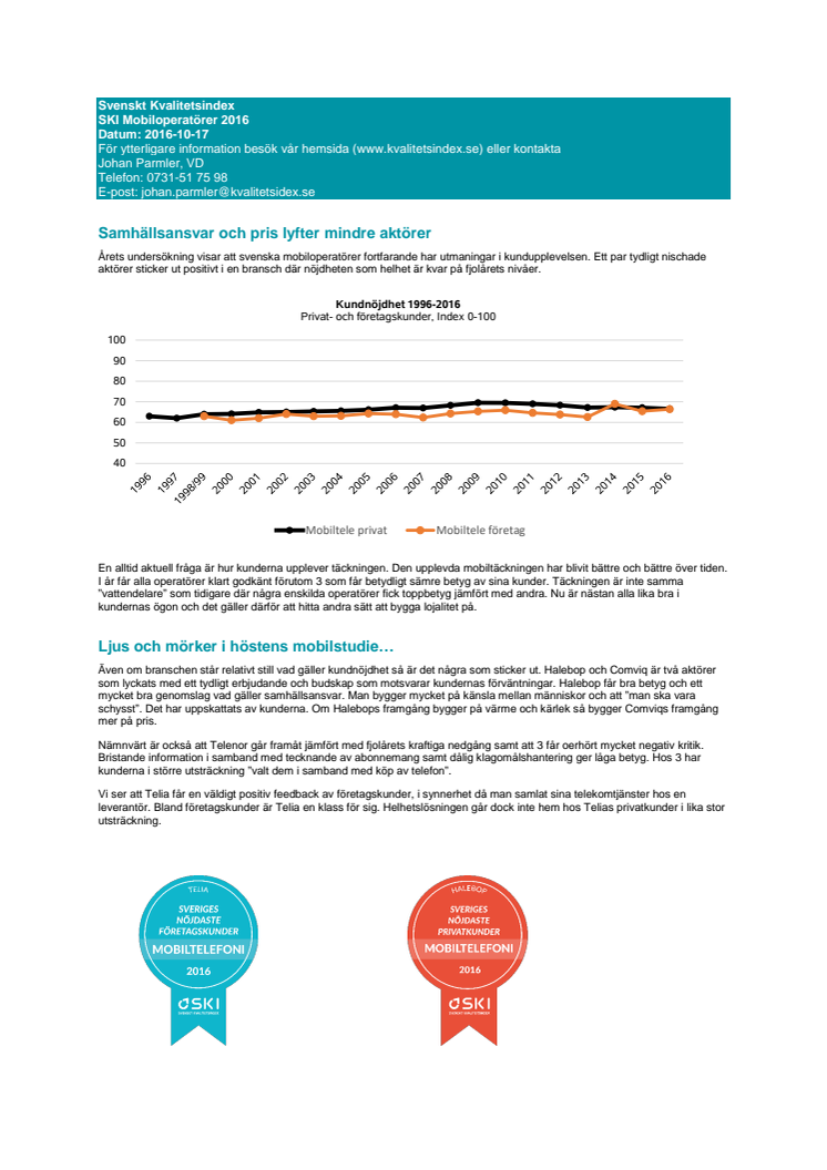 Samhällsansvar och pris lyfter mindre aktörer - Svenskt Kvalitetsindex om mobilöperatörer 2016