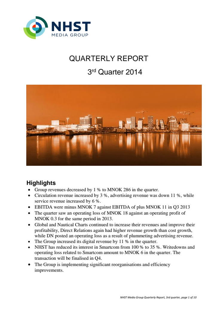 NHST Media Group - third quarter results 2014