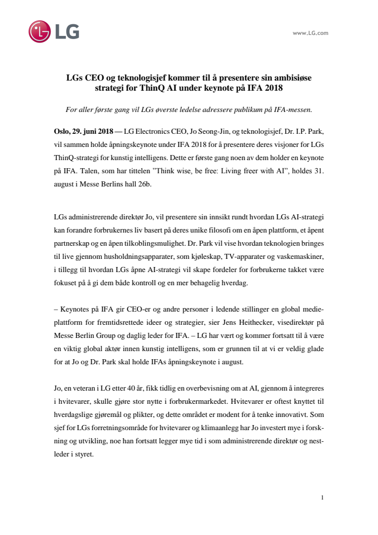 LGs CEO og teknologisjef kommer til å presentere sin ambisiøse  strategi for ThinQ AI under keynote på IFA 2018