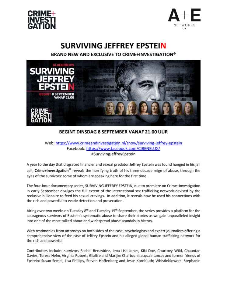 PRESS RELEASE | SURVIVING JEFFREY EPSTEIN BRAND NEW & EXCLUSIVE TO CRIME+INVESTIGATION®