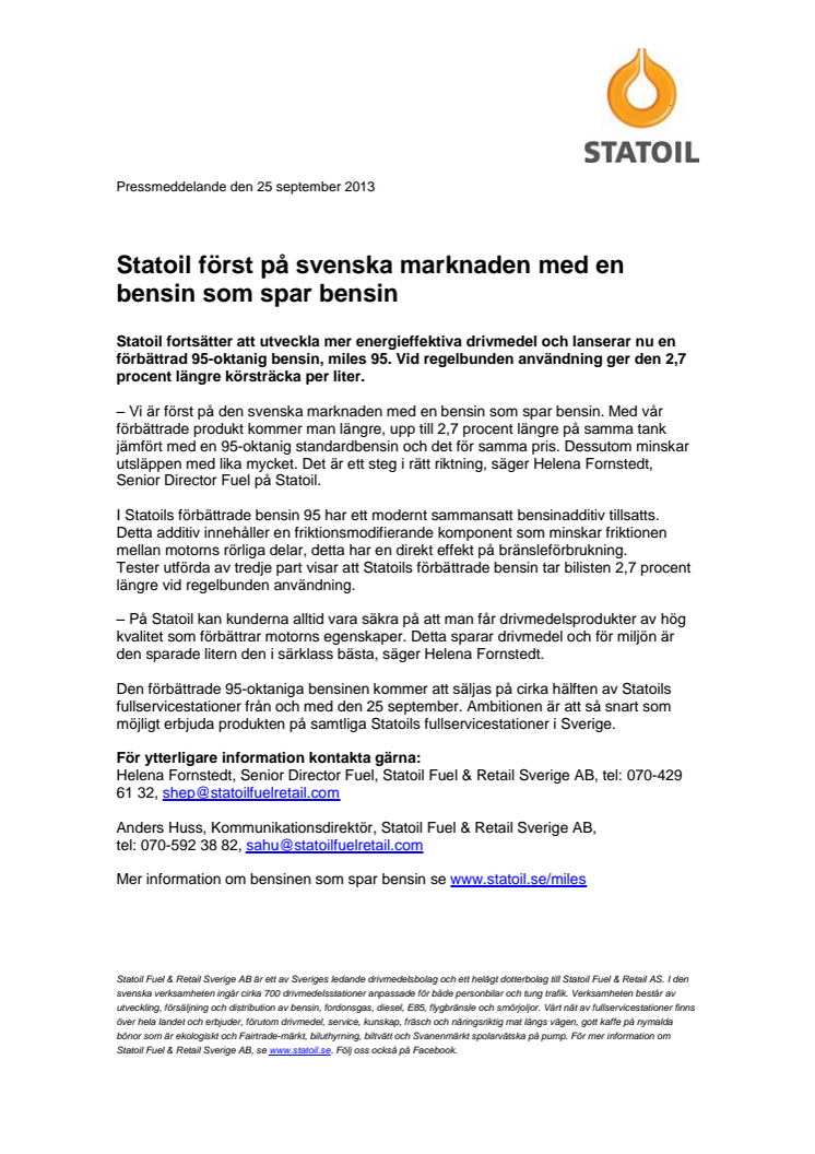 Statoil först på svenska marknaden med en bensin som spar bensin 