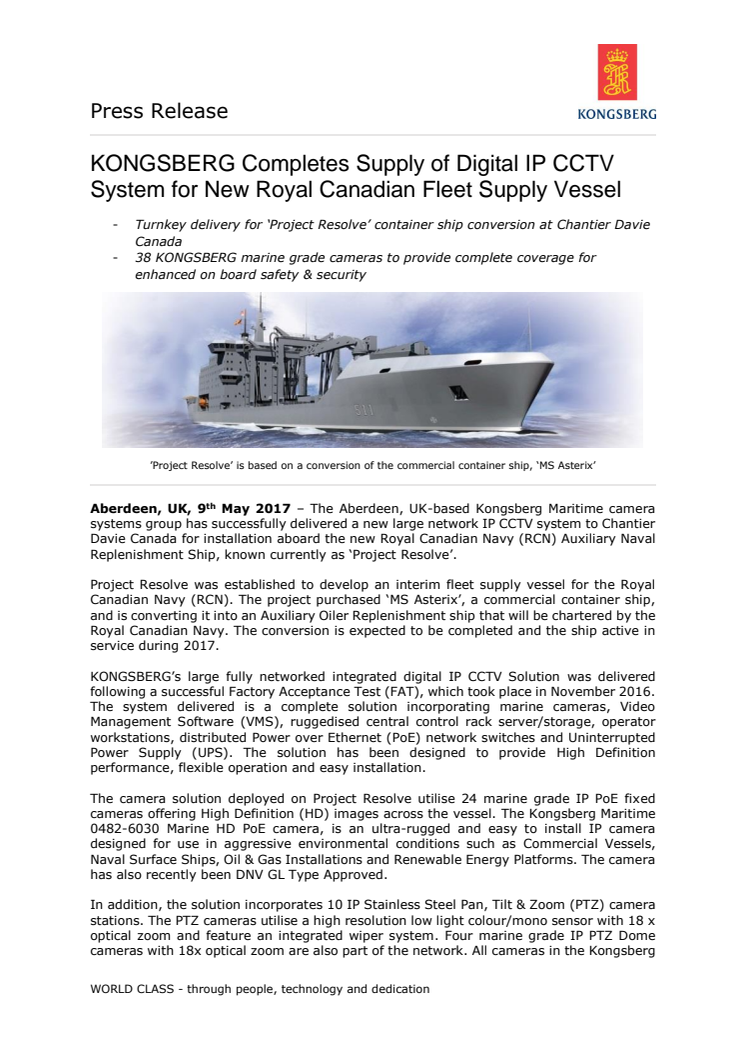 Kongsberg Maritime: KONGSBERG Completes Supply of Digital IP CCTV System for New Royal Canadian Fleet Supply Vessel