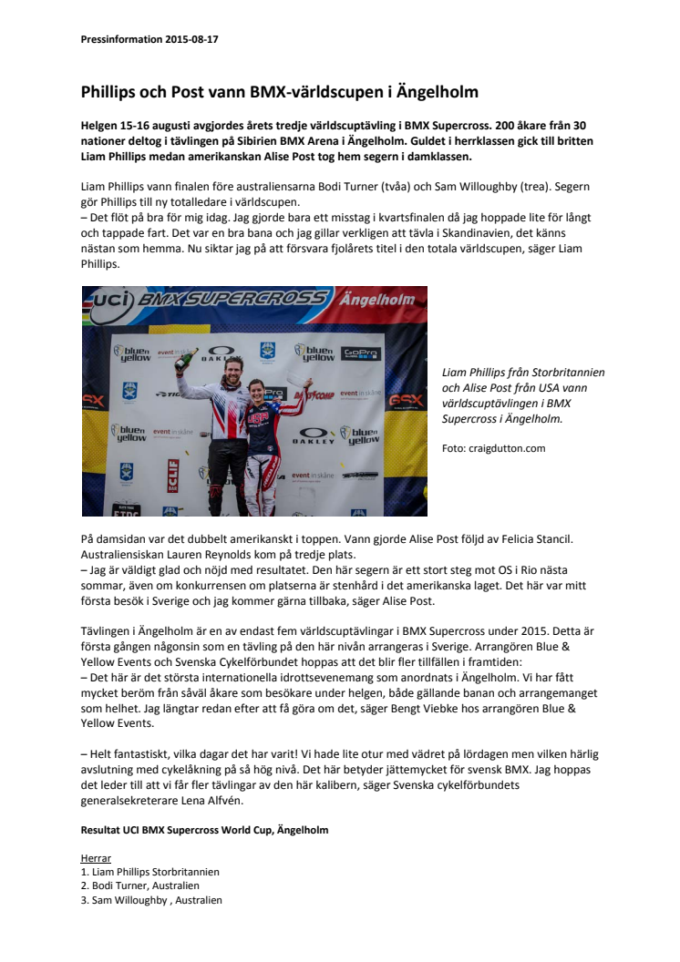 Phillips och Post vann BMX-världscupen i Ängelholm