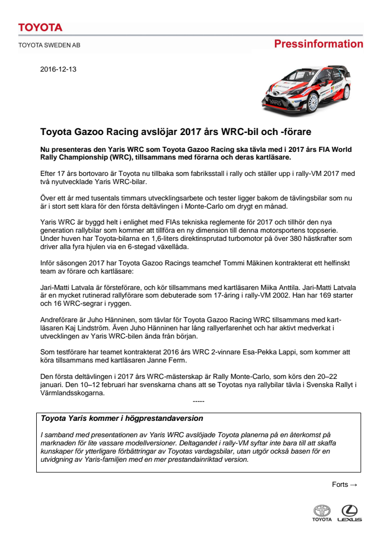 Toyota Gazoo Racing avslöjar 2017 års WRC-bil och -förare