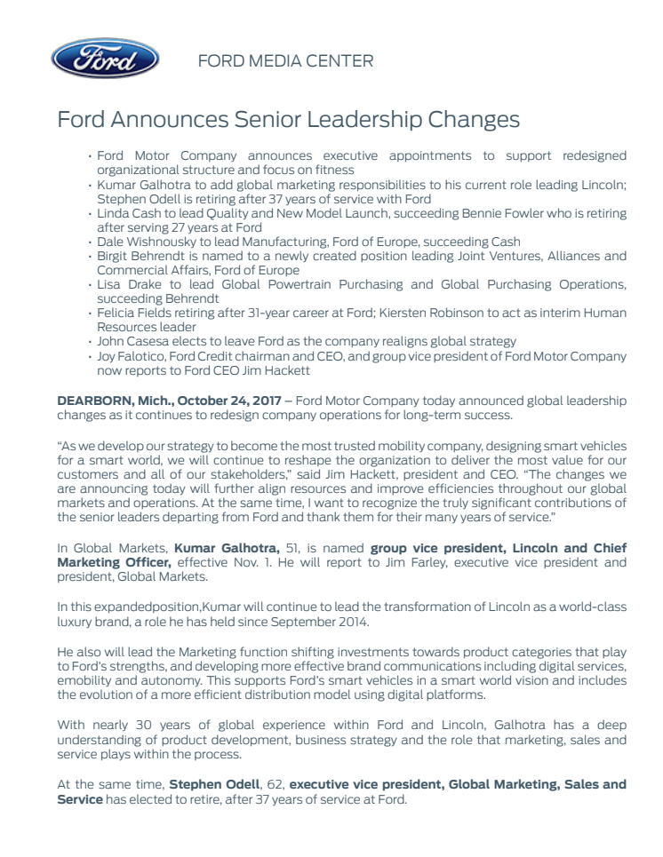 Ændringer i Fords direktion 