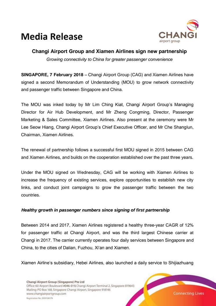 Changi Airport Group and Xiamen Airlines sign new partnership