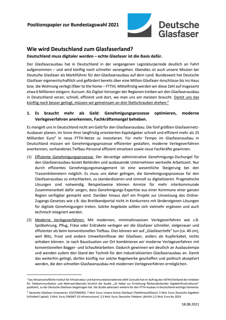 Positionspapier Bundestagswahl 2021 - Wie wird Deutschland zum Glasfaserland?