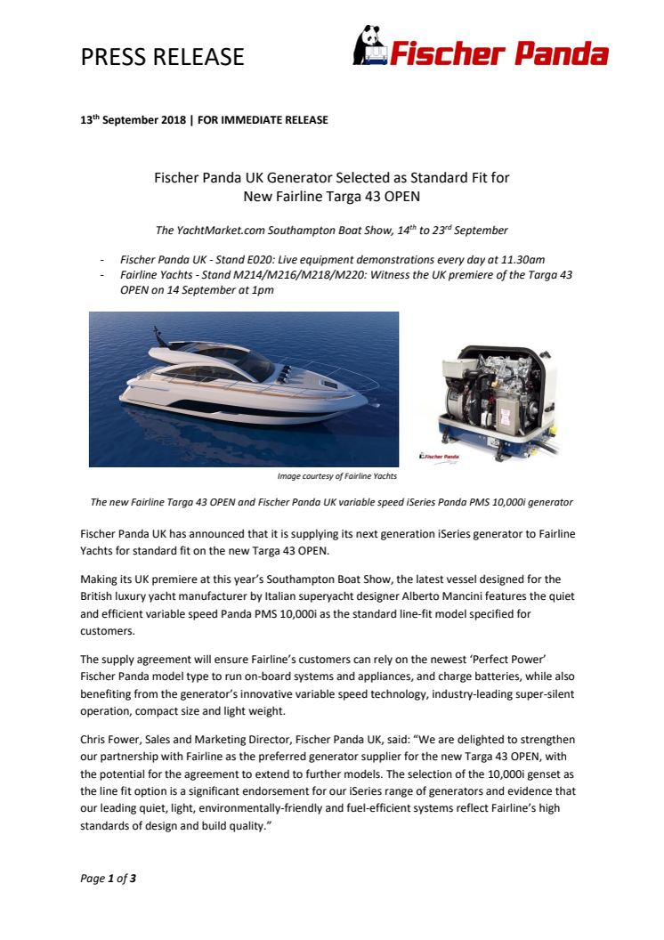 Fischer Panda UK Generator Selected as Standard Fit for New Fairline Targa 43 OPEN