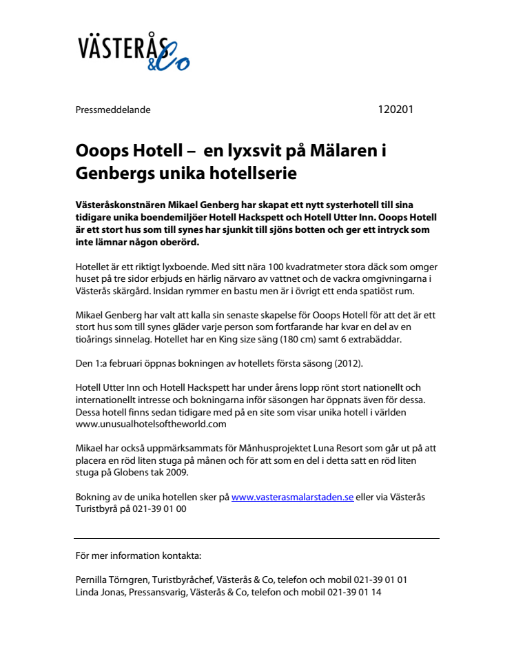 Ooops Hotell –  en lyxsvit på Mälaren i Genbergs unika hotellserie