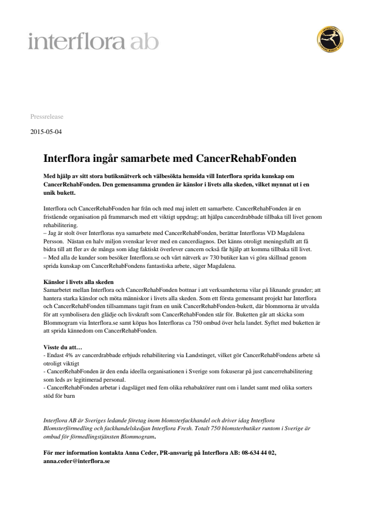 Interflora ingår samarbete med CancerRehabFonden
