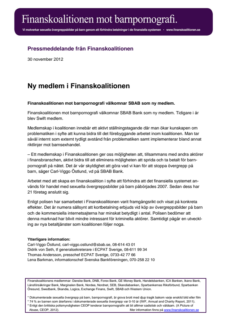 Ny medlem i Finanskoalitionen
