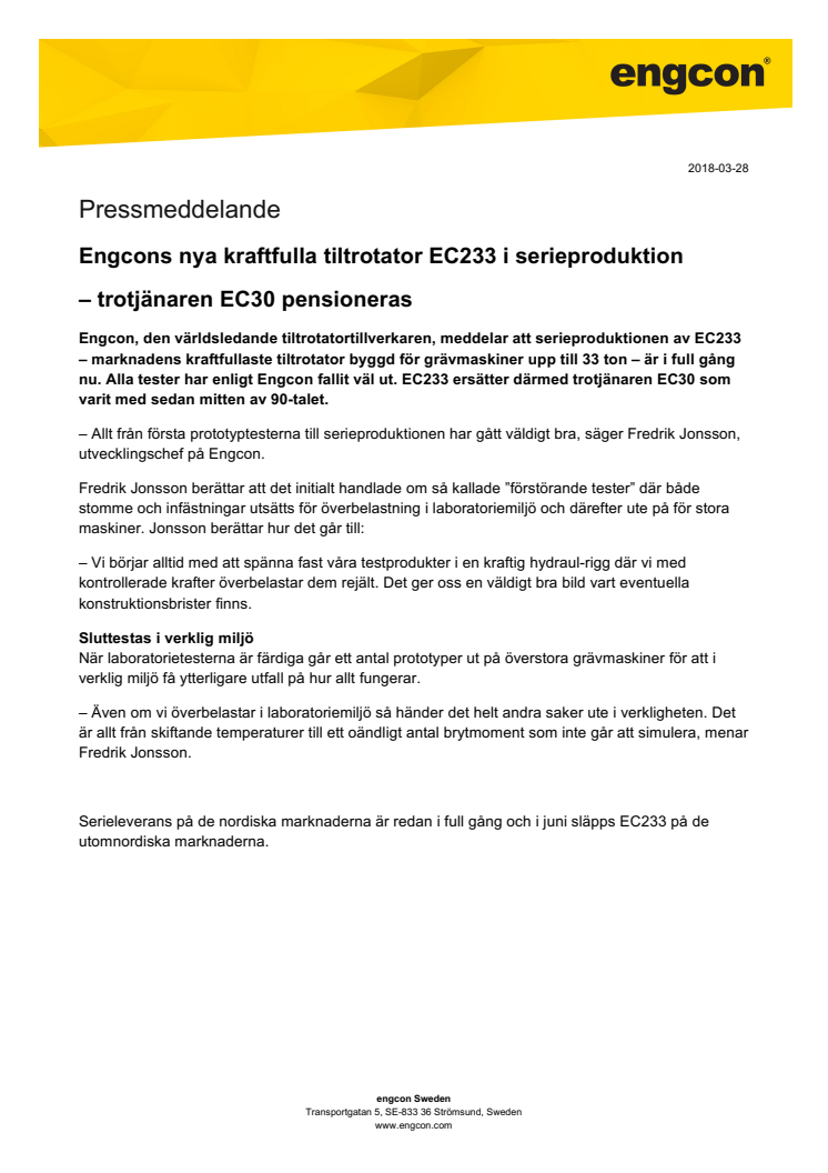 Engcons nya kraftfulla tiltrotator EC233 i serieproduktion  – trotjänaren EC30 pensioneras