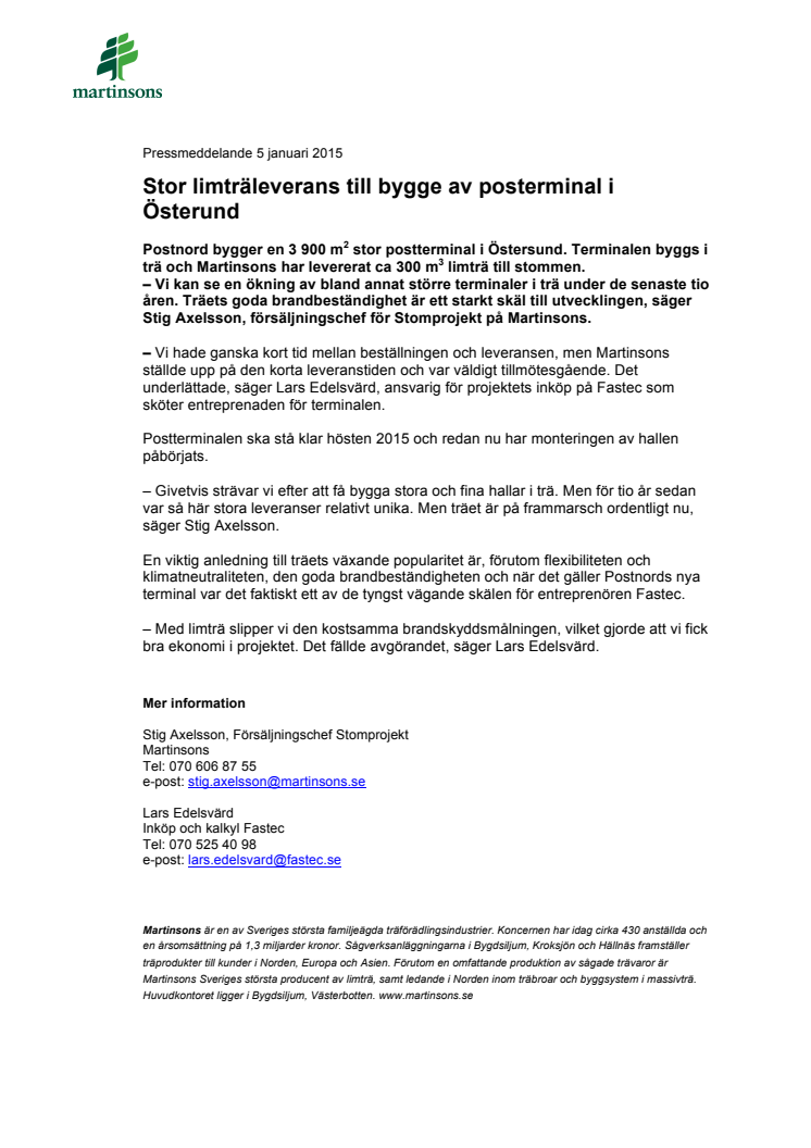 Stor limträleverans till bygge av posterminal i Östersund