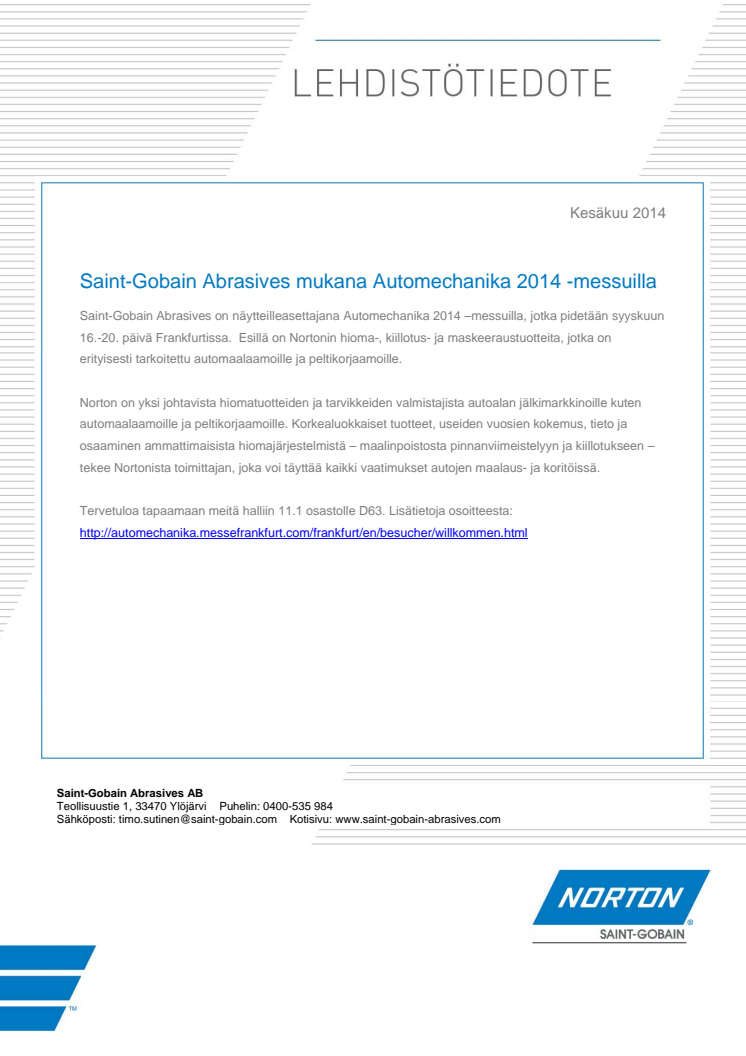 Saint-Gobain Abrasives mukana Automechanika 2014 -messuilla