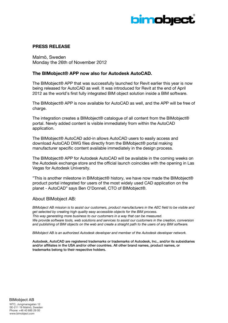The BIMobject® APP for Autodesk AutoCAD