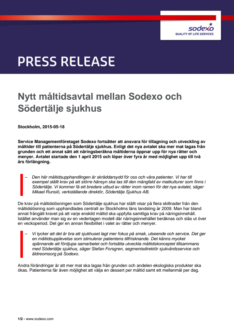 Nytt måltidsavtal mellan Sodexo och Södertälje sjukhus