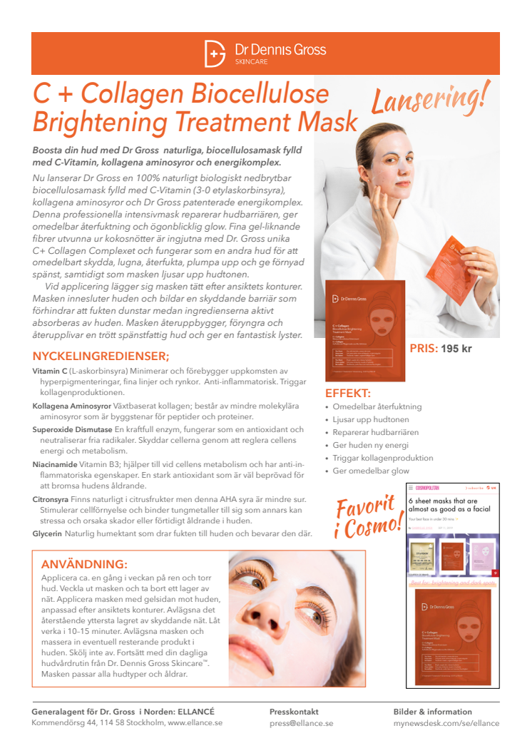 C + Collagen Biocellulose Brightening Treatment Mask 2019 Pressrelease
