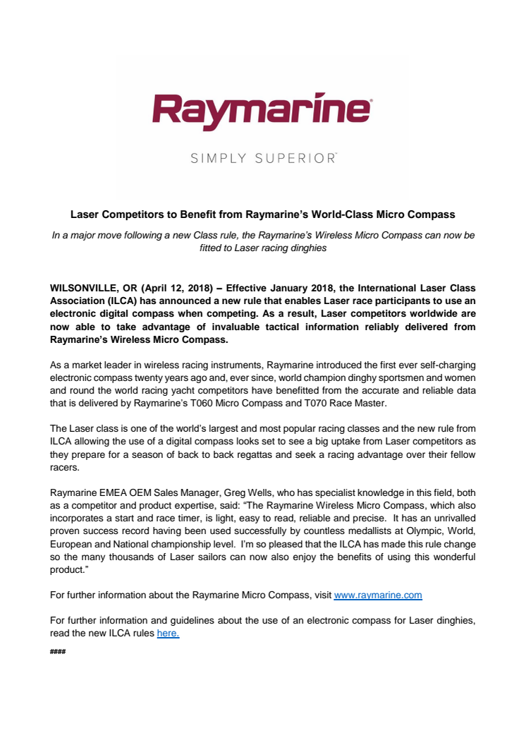 Laser Competitors to Benefit from Raymarine’s World-Class Micro Compass