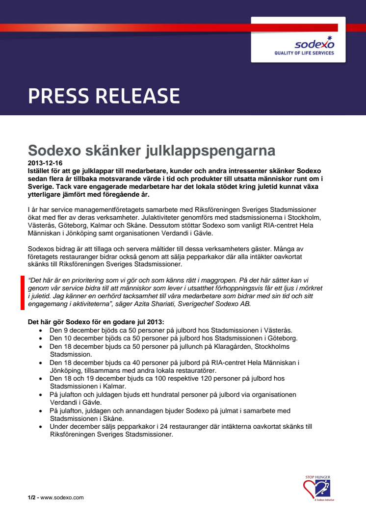 Sodexo skänker julklappspengarna